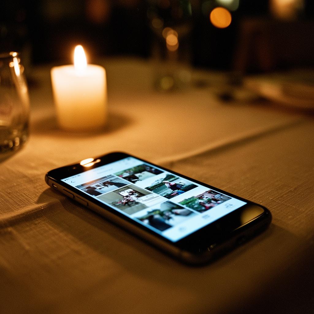 Phone face-up on a linen tablecloth, glowing gallery grid, candle bokeh
