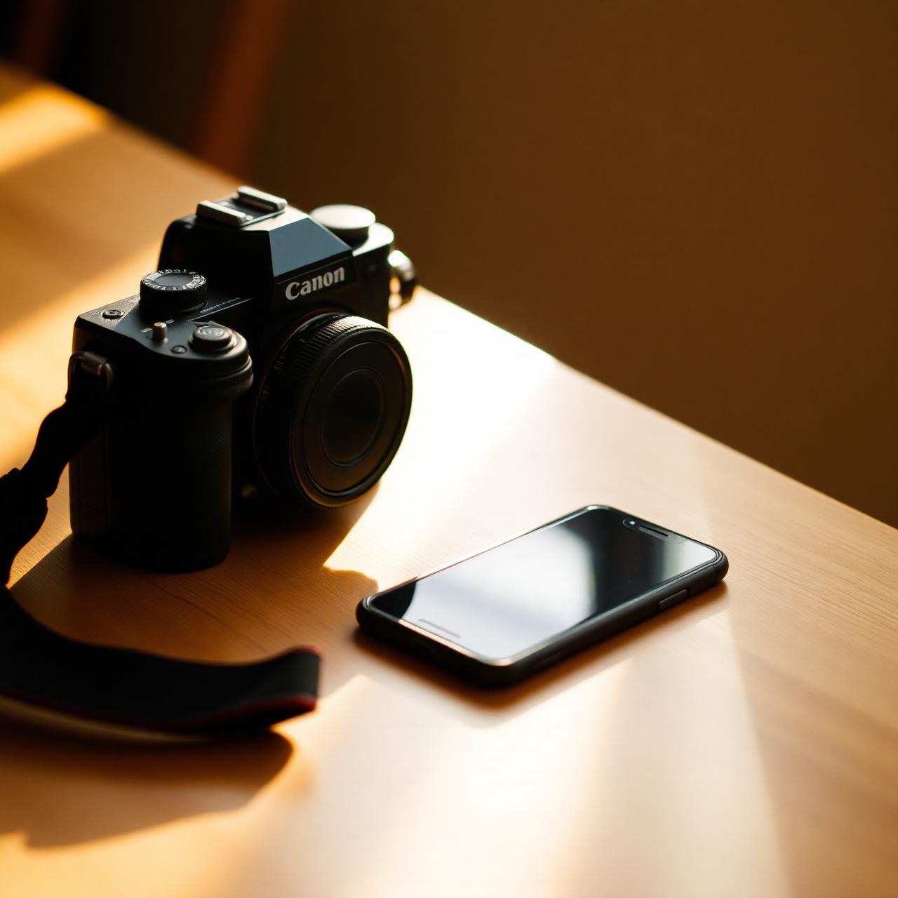 Pro camera next to a smartphone on a wooden table in golden light